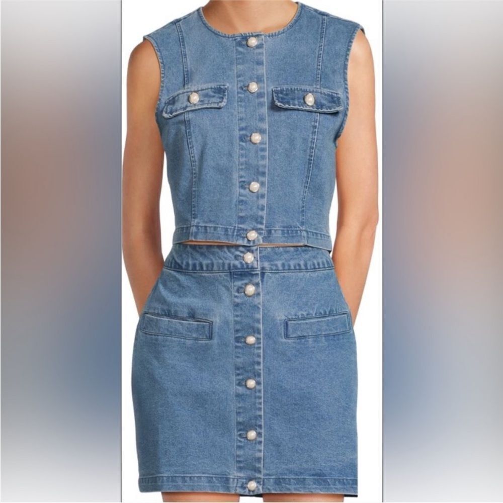 House of Harlow Jean denim skirt vest set pearl button 4